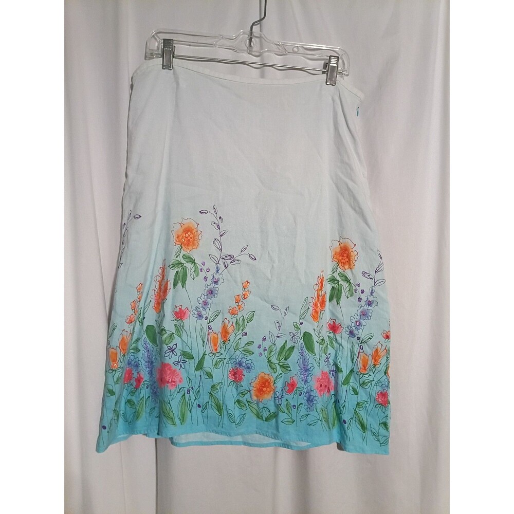 Vintage Y2K Crazy Horse Sz. 14 Blue Floral Print A-line Skirt Midi Whimsy Artsy